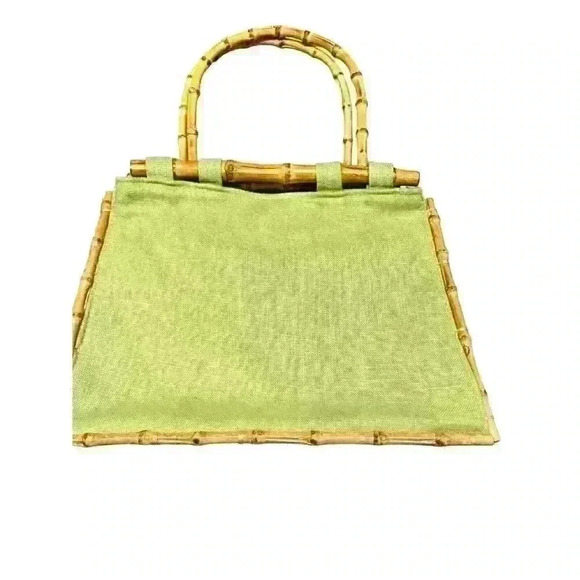 Vintage Bamboo 54 Green Fabric Handbag Magnetic‎ Closure Summer Beach Vacation - Picture 1 of 11
